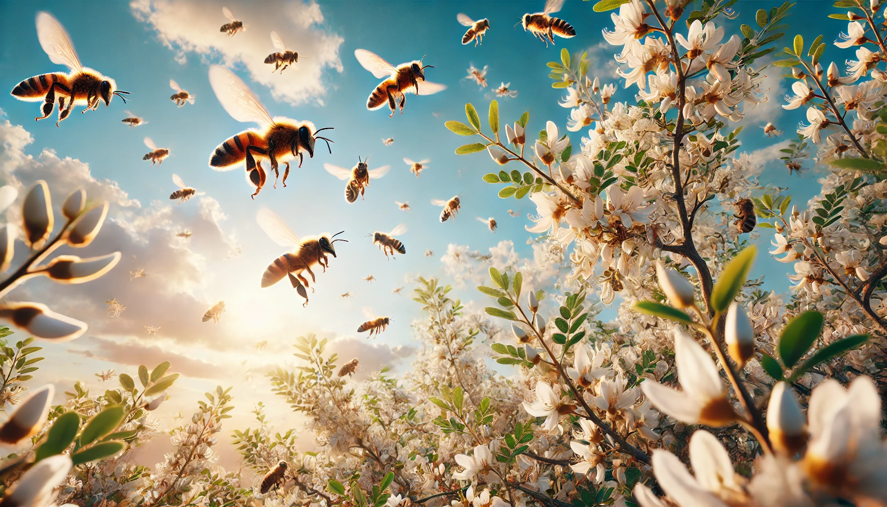 迈克波顿 image of bees flying around the branches of an 淫妻小说 tree in full bloom, with a vibrant sky, clouds, and sunlight as the background.
