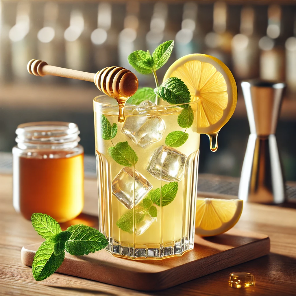 亚韩无码av人妻二区三区 image of a refreshing cocktail made with .国产黄a三级三级三级看三级 honey, garnished with a slice of lemon and mint, served in a tall glass with ice.