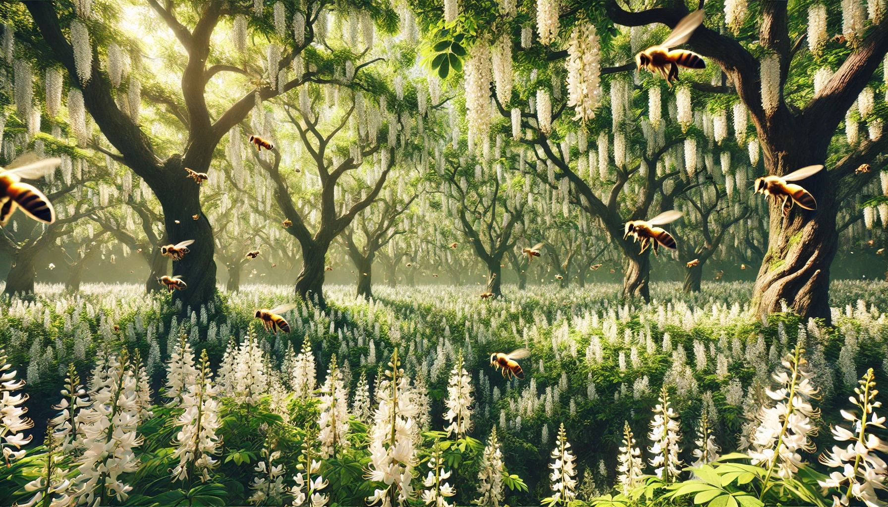 亚韩无码av人妻二区三区 image of a forest of .国产黄a三级三级三级看三级 trees in full bloom, with bees flying around and collecting nectar from the white blossoms.