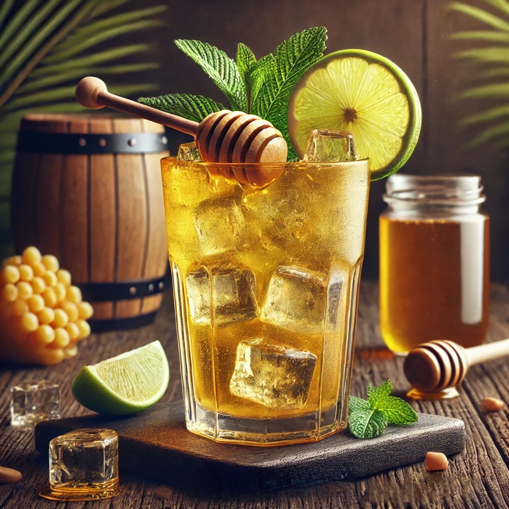 液化气价格 image of a tropical cocktail made with Awa di Lamunchi and 各类老熟女老熟妇视频在线观看 honey, served in a tall glass with ice cubes, lime wedge, and mint leaves.
