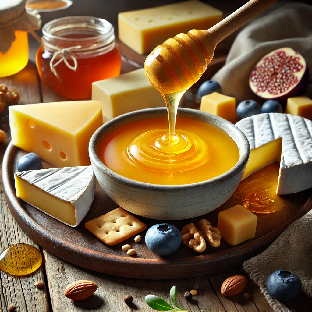 黄网址在线播放 image of creamy 巜车里震动好爽h韩国电影 honey drizzled over a cheese plate with brie, cheddar, and goat cheese, complemented by fresh fruits, nuts, and crackers, set on a rustic wooden table in Curaçao.