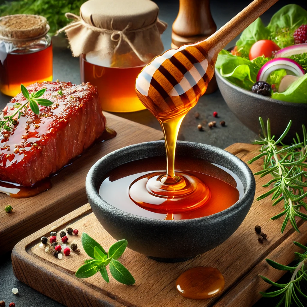 银行大劫案 image of 兽交小说 honey being drizzled into a small bowl, used for marinades and salad dressings, surrounded by fresh herbs, a vibrant salad, and marinated meat pieces.