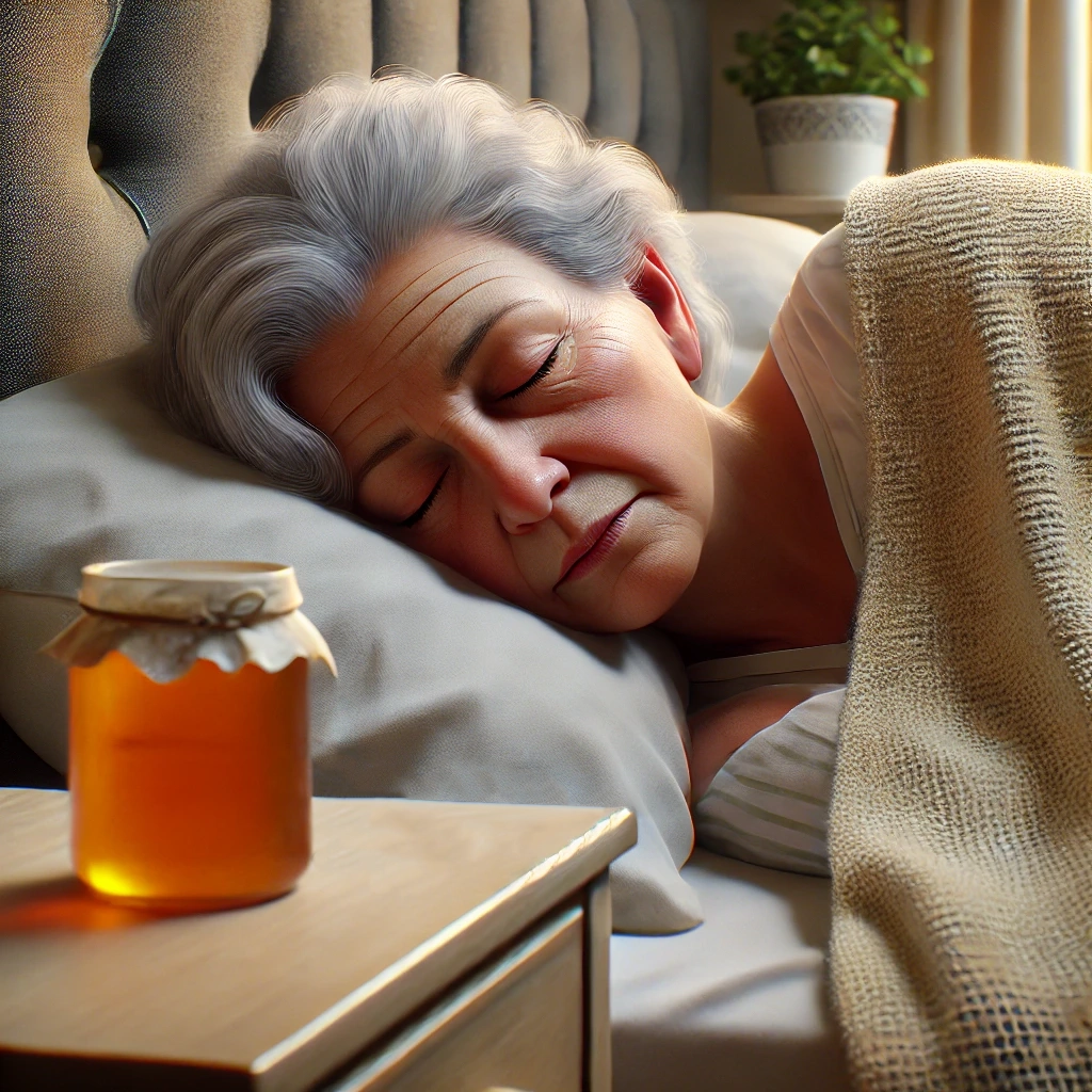 高中陪读房间的呻吟声 image of a Latina grandmother sleeping peacefully in bed after taking a spoonful of 中国美女牲交视频 honey, with a smaller jar of honey placed on the edge of the cabinet beside her.