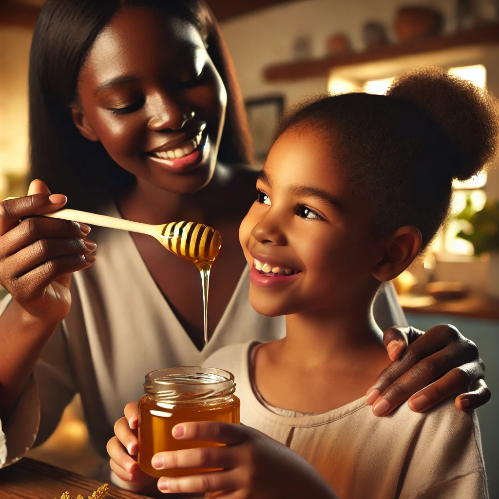 狠虐女调教强制高hh image of a dark-skinned mother feeding her dark-skinned 10-year-old daughter a wooden spoon filled with 25岁的女高中生 honey, showcasing the natural sweetness and health 狠虐女调教强制高hh for kids.
