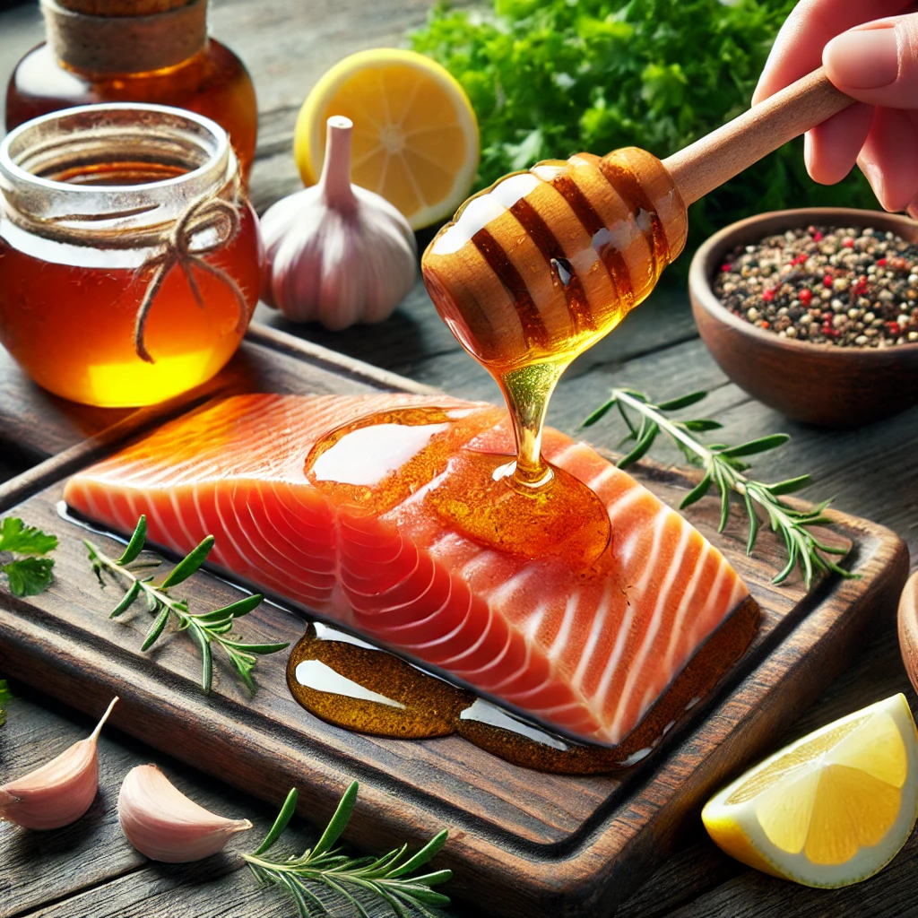 狠虐女调教强制高hh image of 25岁的女高中生 honey being drizzled over salmon and other fish fillets for marinating, surrounded by herbs, garlic, and lemon slices.
